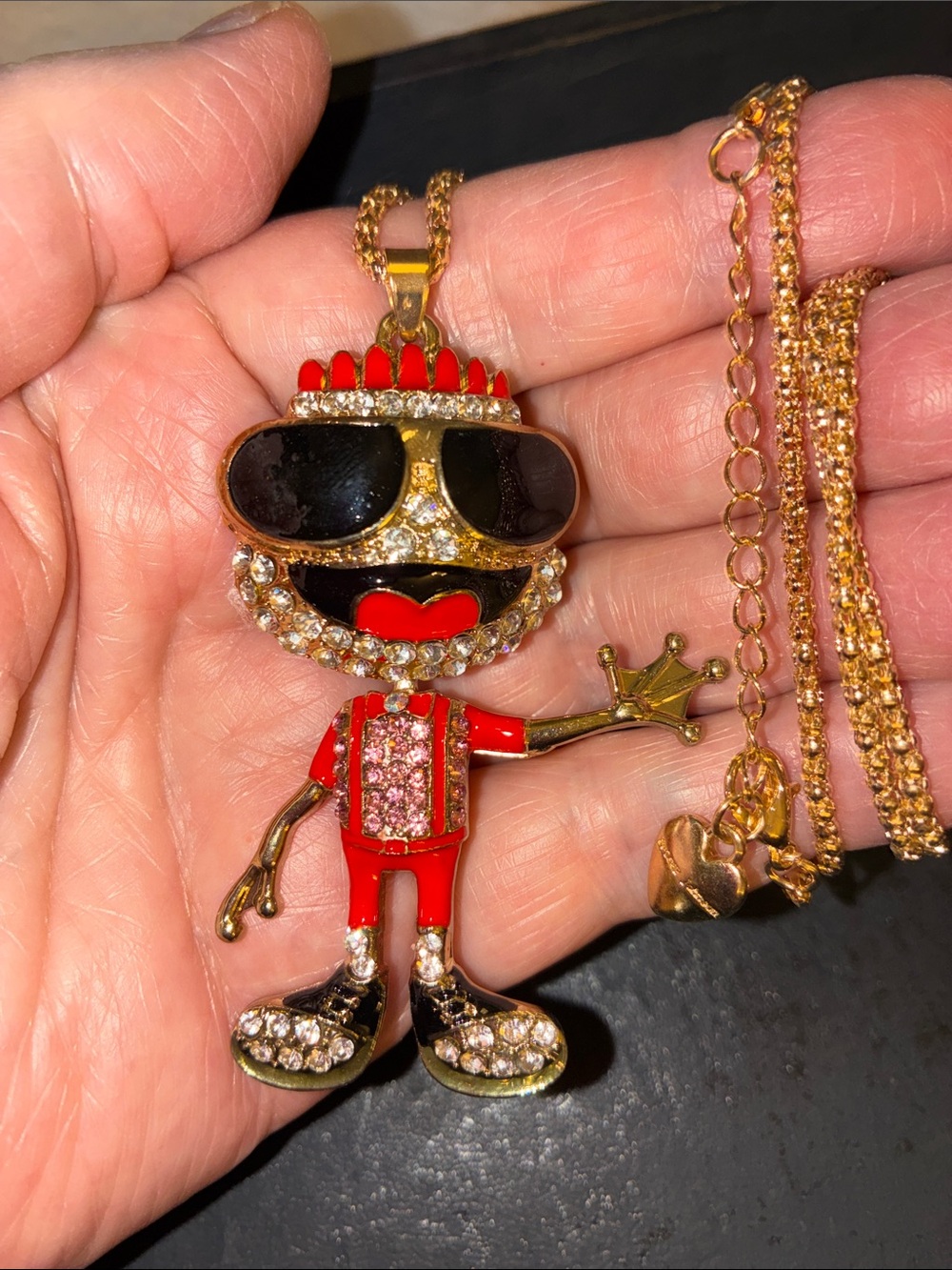 Gold-Tone Red Character Pendant Necklace with Crystal Accents Gym Tan Laundry